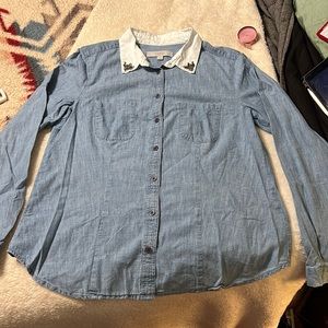 Women’s Denim Button Down. Loft. Bejeweled Collar. Width 19” Length 24”